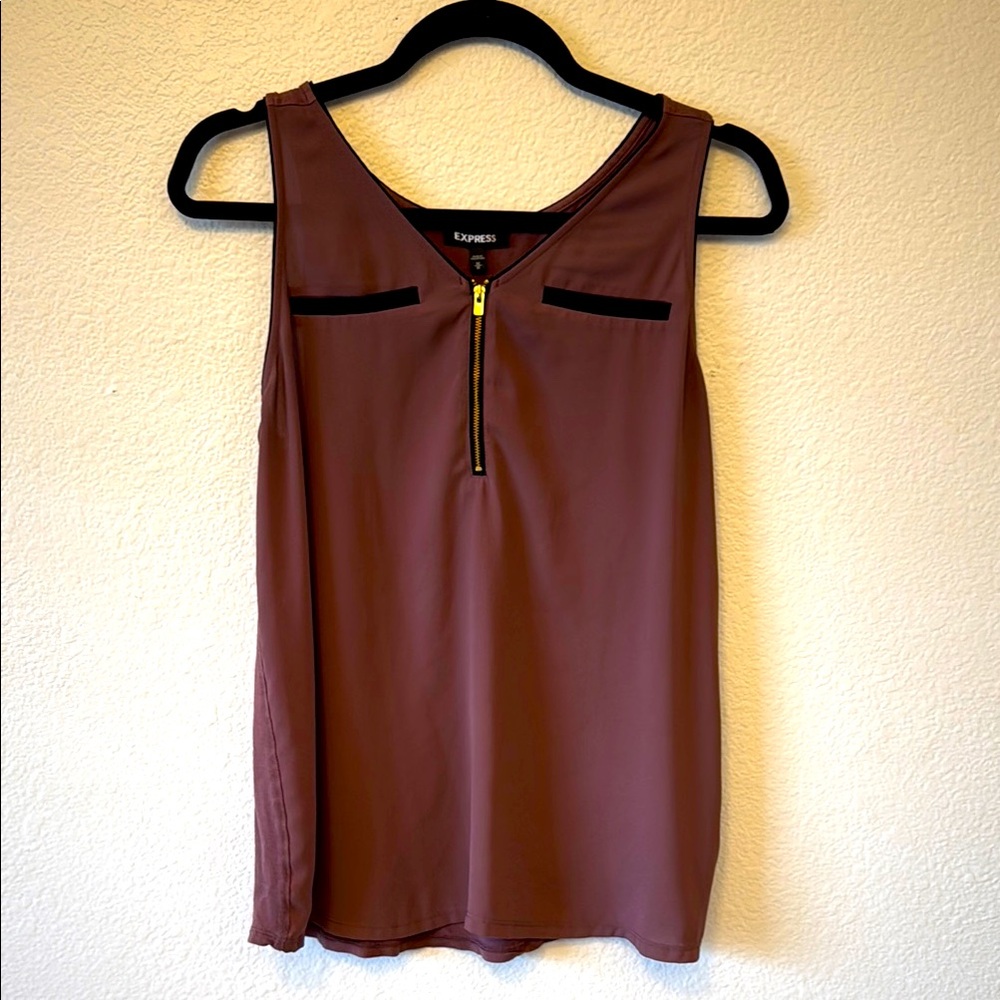 Express Dusty Purple Tank Top with Black Faux Pockets & Gold Zipper Detail (M)